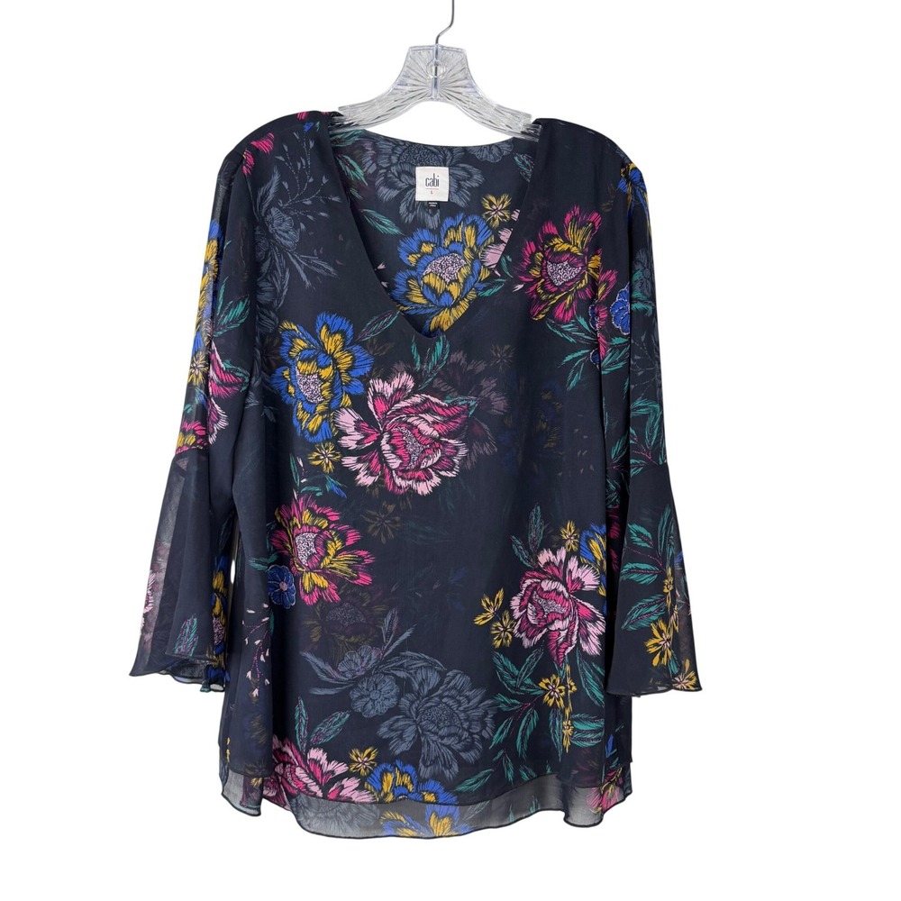 CAbi Floral Bell Sleeve Blouse Black Large V-Neck Chiffon Top